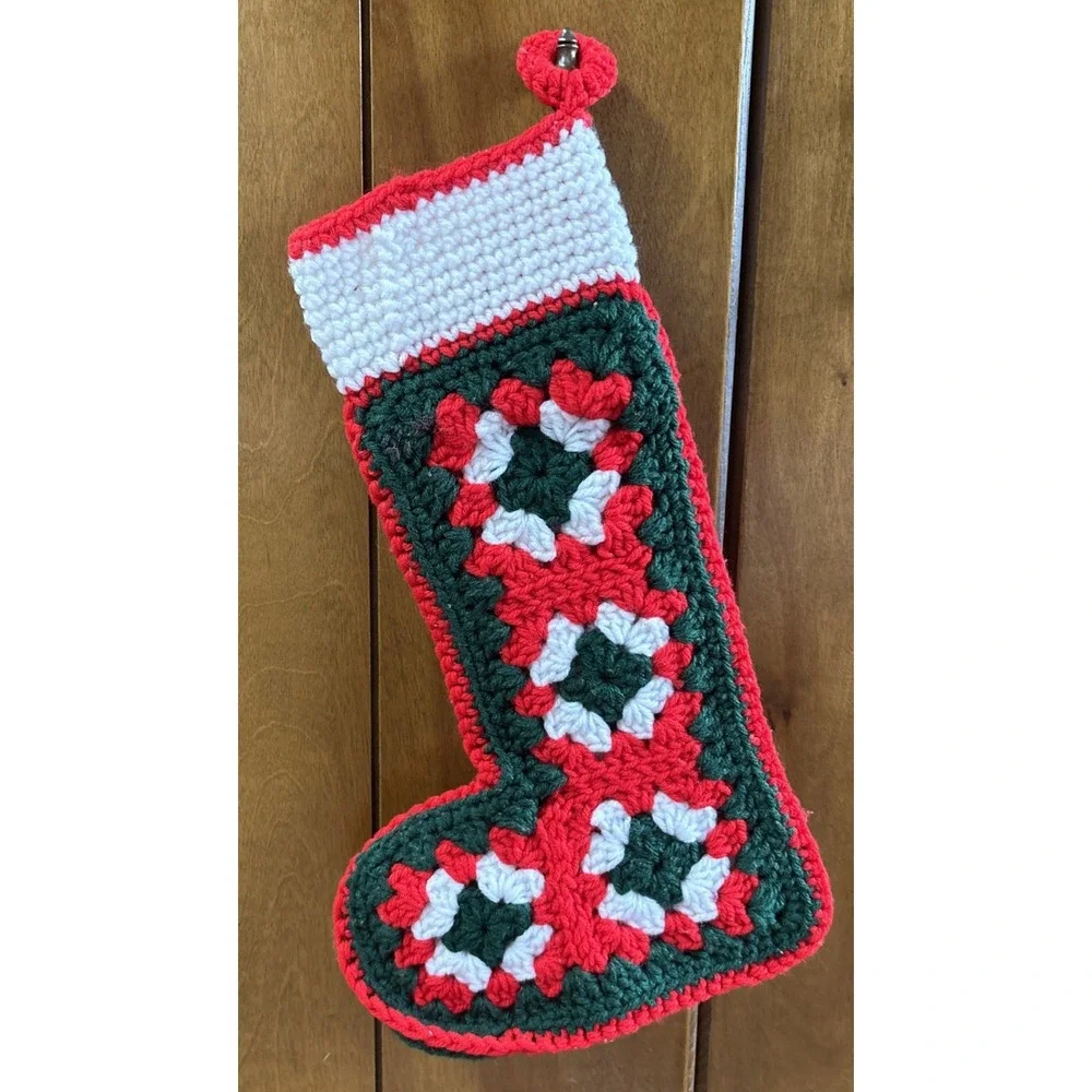 Vintage Hand Crocheted Chunky Knit Granny Squares Christmas Stocking SKINNY